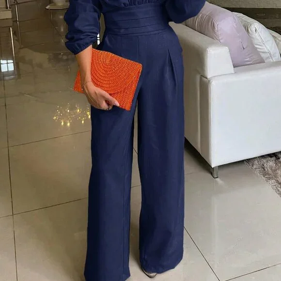 Navy Blue Elegant Women's Solid Color Lantern Sleeve Jumpsuit - Picture 2 of 9